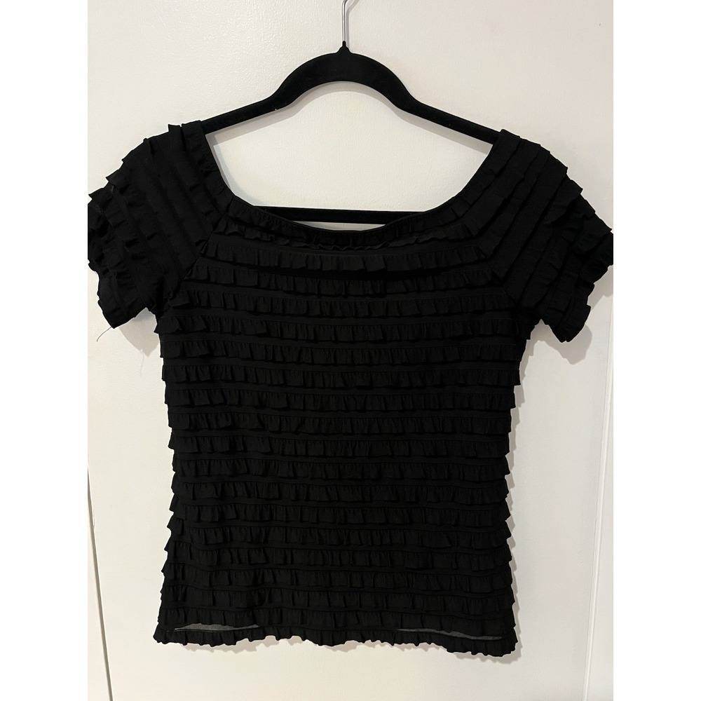 Frank Lyman Ruffle Solid Black Short Sleeve‎ Top Blouse Sz US 6